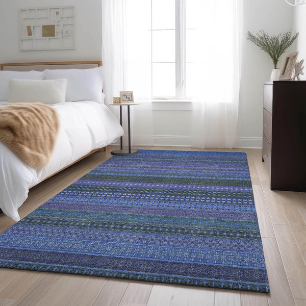 HomeRoots 5' Blue and Ivory Striped Washable Area Rug – Durable, Stain Resistant, UV Protected for Any Room 647490