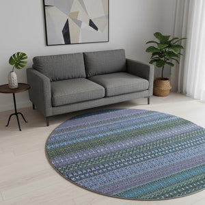 HomeRoots 8' Blue and Ivory Striped Washable Round Rug - Durable, Stain Resistant, UV Protected for Active Homes 647491