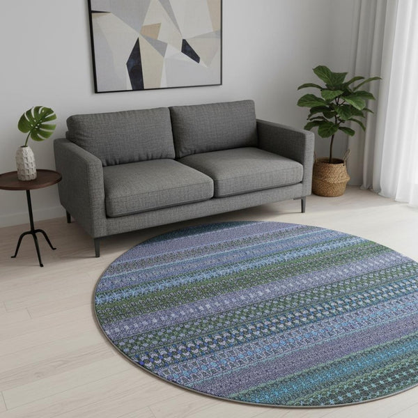 HomeRoots 8' Blue and Ivory Striped Washable Round Rug - Durable, Stain Resistant, UV Protected for Active Homes 647491