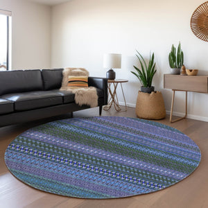 HomeRoots 8' Blue and Ivory Striped Washable Round Rug - Durable, Stain Resistant, UV Protected for Active Homes 647491