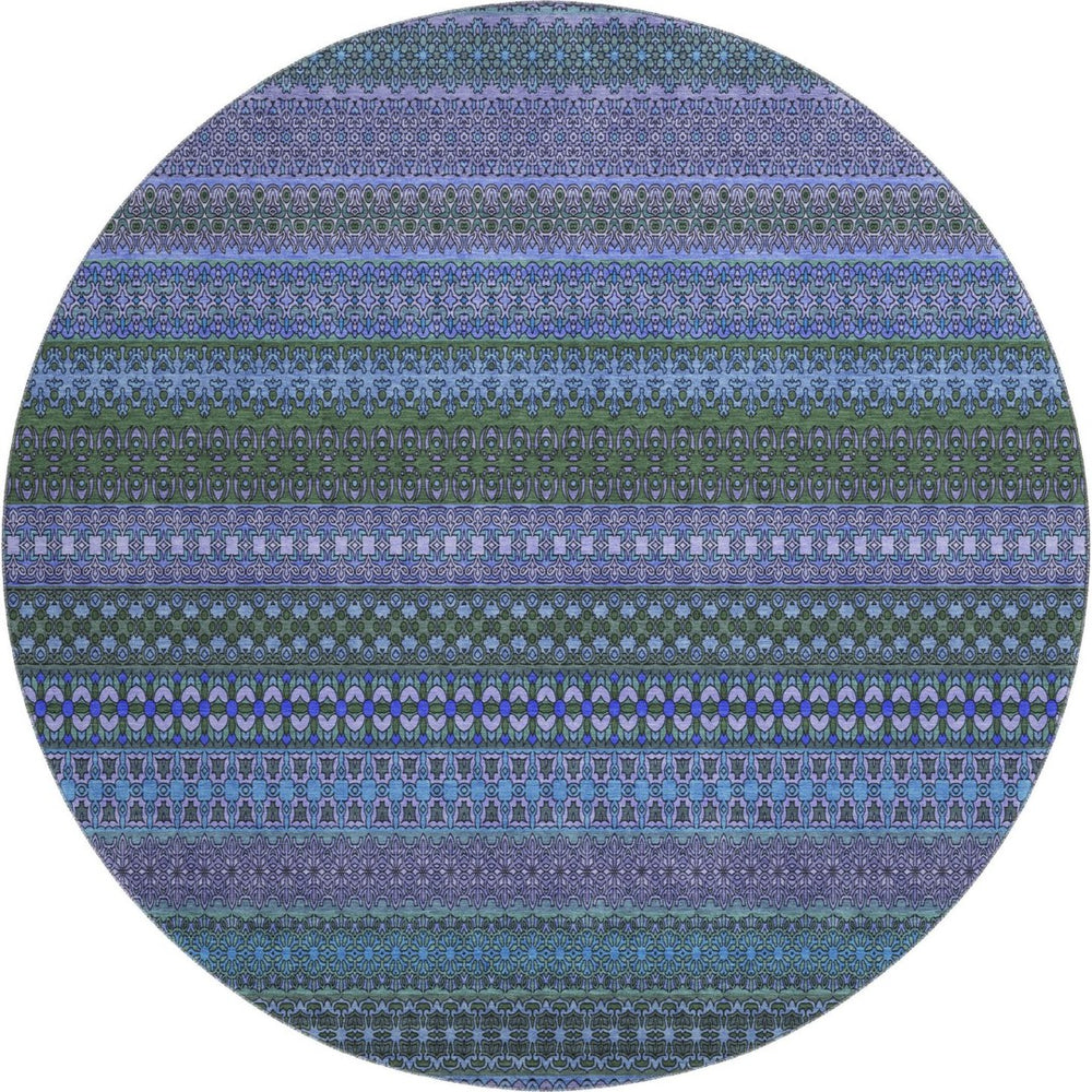 HomeRoots 8' Blue and Ivory Striped Washable Round Rug - Durable, Stain Resistant, UV Protected for Active Homes 647491