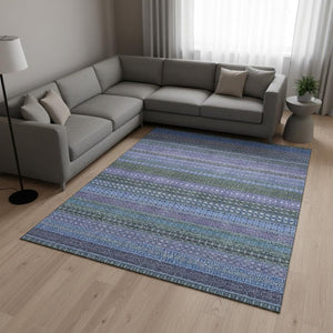 HomeRoots 8' X 10' Blue And Ivory Striped Area Rug - Washable, UV Protected, Stain Resistant for High Traffic Spaces 647492