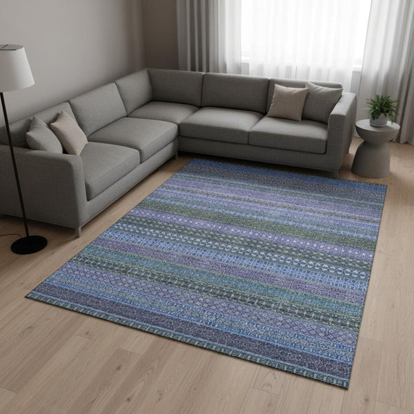 HomeRoots 8' X 10' Blue And Ivory Striped Area Rug - Washable, UV Protected, Stain Resistant for High Traffic Spaces 647492