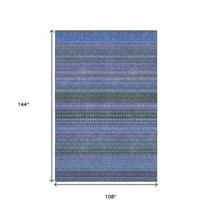 HomeRoots 9' X 12' Blue and Ivory Striped Washable Area Rug - Durable, UV-Protected, Perfect for Homes with Kids 647493