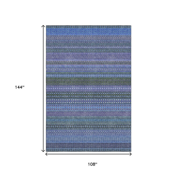 HomeRoots 9' X 12' Blue and Ivory Striped Washable Area Rug - Durable, UV-Protected, Perfect for Homes with Kids 647493
