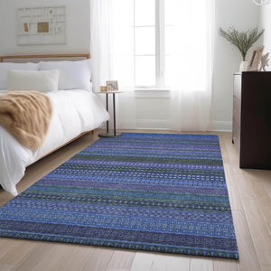 HomeRoots 9' X 12' Blue and Ivory Striped Washable Area Rug - Durable, UV-Protected, Perfect for Homes with Kids 647493