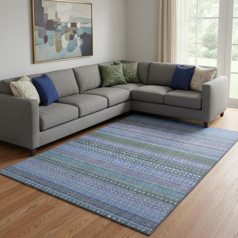 HomeRoots 10' Blue and Ivory Striped Washable Area Rug with UV Protection - Durable, Stylish, Pet-Friendly Design 647494
