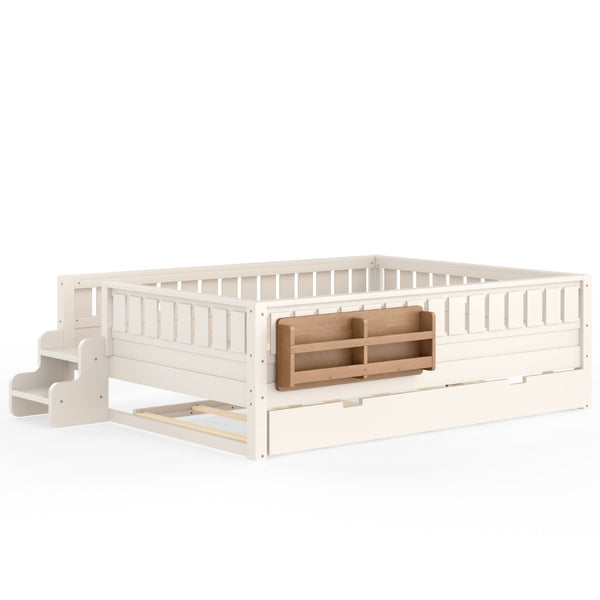 English Elm Queen Bunk Bed with Trundle Solid Pine Kids Car Themed Frame Built-in Bookshelf Beige W1580S00562