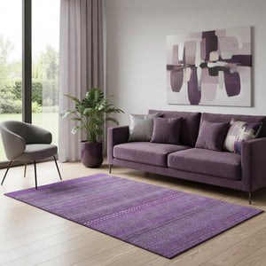 HomeRoots 5' X 8' Stylish Eggplant and Ivory Striped Washable Area Rug – Durable, UV-Protected, Kid-Friendly Design! 647496