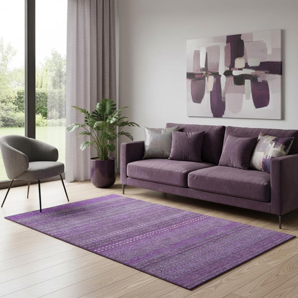 HomeRoots 5' X 8' Stylish Eggplant and Ivory Striped Washable Area Rug – Durable, UV-Protected, Kid-Friendly Design! 647496