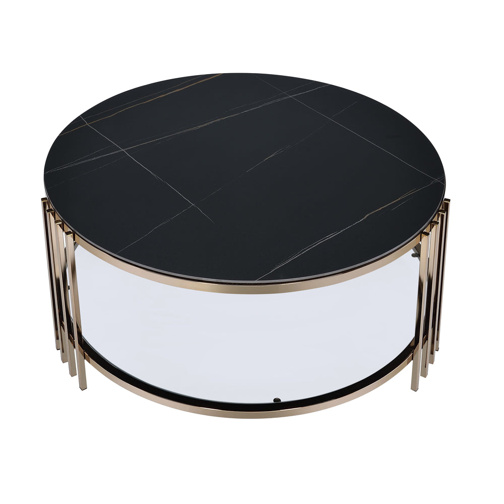 English Elm Abisha Round Sintered Stone Coffee Table with Champagne Metal Frame and Lower Display Shelf Black 40.75 L x 40 W x 4.25 H B2726P245882