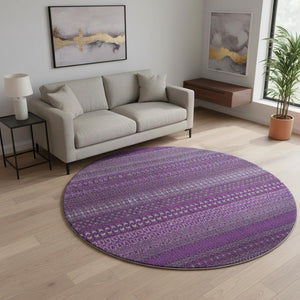 HomeRoots 8' Eggplant and Ivory Striped Washable Round Rug - Durable, UV-Protected, Stylish for Any Space 647497