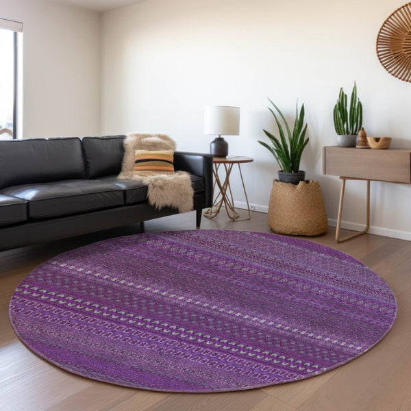 HomeRoots 8' Eggplant and Ivory Striped Washable Round Rug - Durable, UV-Protected, Stylish for Any Space 647497