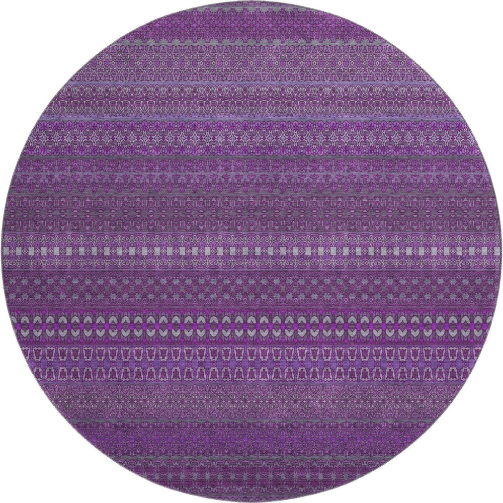 HomeRoots 8' Eggplant and Ivory Striped Washable Round Rug - Durable, UV-Protected, Stylish for Any Space 647497