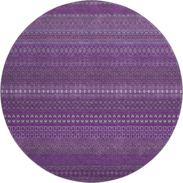 HomeRoots 8' Eggplant and Ivory Striped Washable Round Rug - Durable, UV-Protected, Stylish for Any Space 647497