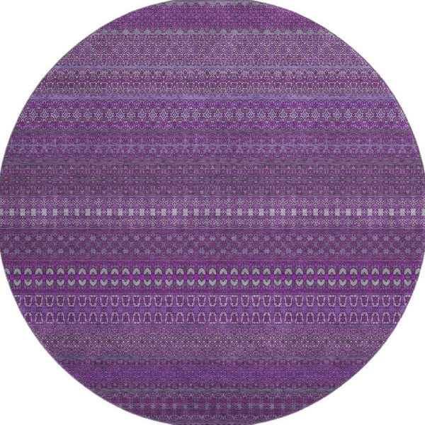 HomeRoots 8' Eggplant and Ivory Striped Washable Round Rug - Durable, UV-Protected, Stylish for Any Space 647497