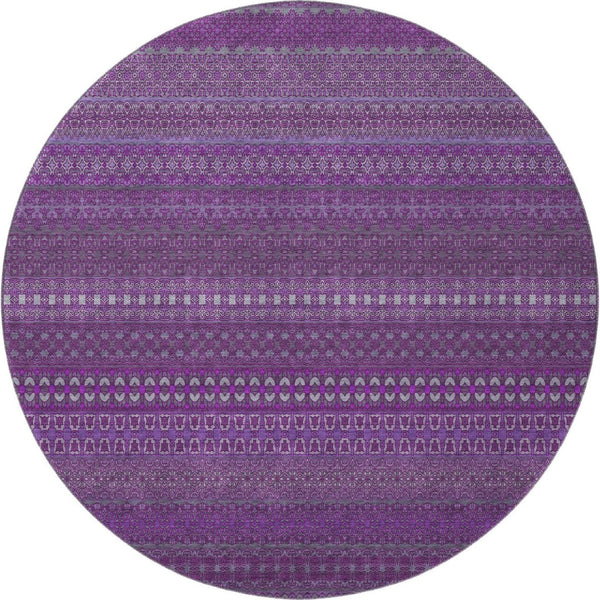 HomeRoots 8' Eggplant and Ivory Striped Washable Round Rug - Durable, UV-Protected, Stylish for Any Space 647497