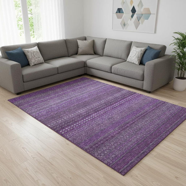 HomeRoots 8' X 10' Striking Eggplant & Ivory Striped Washable Area Rug with UV Protection & Stain Resistance 647498