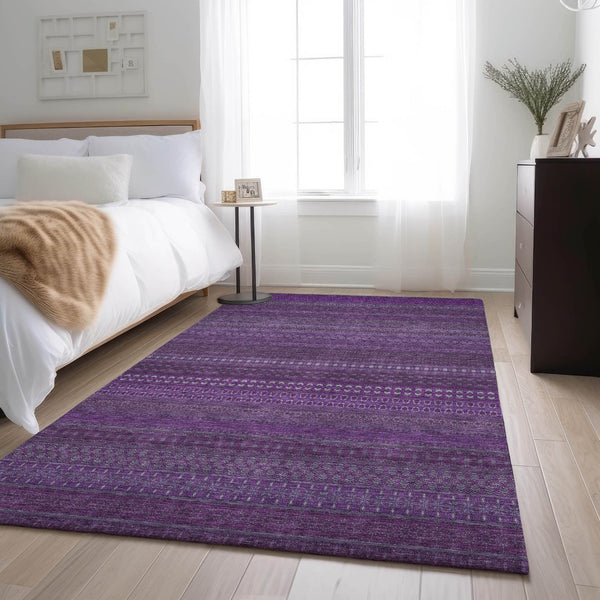 HomeRoots 8' X 10' Striking Eggplant & Ivory Striped Washable Area Rug with UV Protection & Stain Resistance 647498
