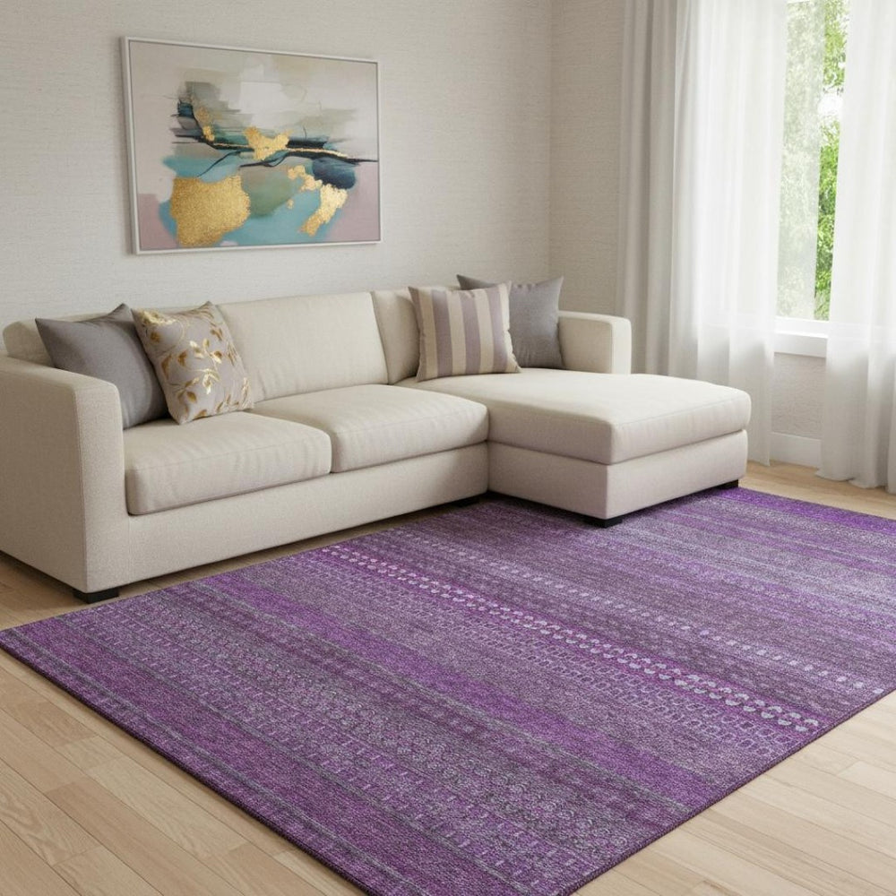 HomeRoots 9' X 12' Eggplant and Ivory Striped Area Rug - Durable, Washable, UV-Protected for Any Space 647499