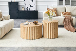English Elm 2-piece Round Nesting Tables with Fluted Column Base Hidden Storage Oak Grain Finish Wood W3875P396797