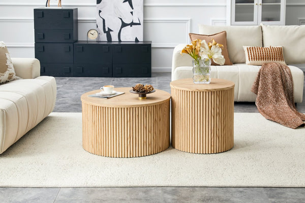 English Elm 2-piece Round Nesting Tables with Fluted Column Base Hidden Storage Oak Grain Finish Wood W3875P396797