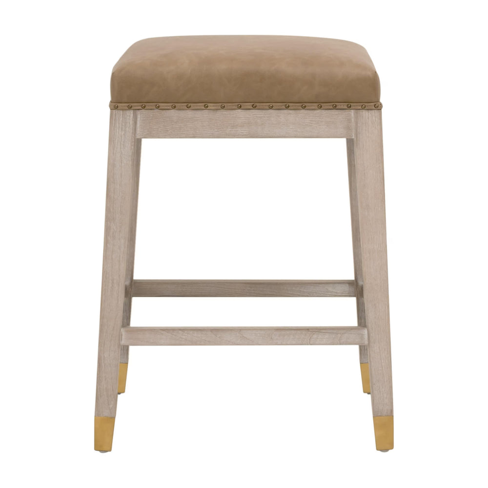 Essentials for Living Wyatt Farmhouse Counter Stool Ash Wood Frame Vegan Leather Seat Gold Nail Accents 6475-CSUP.NG/IVT/GLD