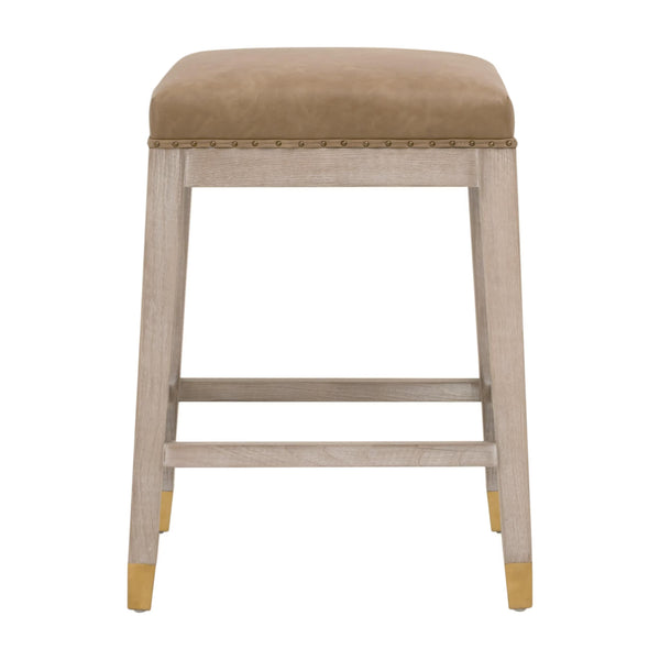 Essentials for Living Wyatt Farmhouse Counter Stool Ash Wood Frame Vegan Leather Seat Gold Nail Accents 6475-CSUP.NG/IVT/GLD
