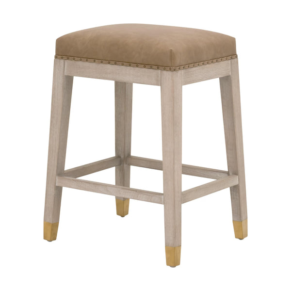Essentials for Living Wyatt Farmhouse Counter Stool Ash Wood Frame Vegan Leather Seat Gold Nail Accents 6475-CSUP.NG/IVT/GLD