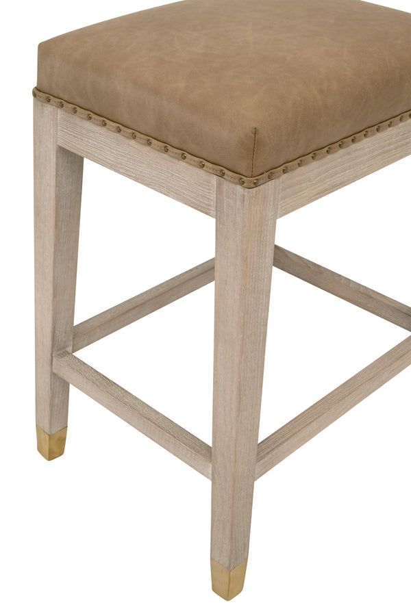 Essentials for Living Wyatt Farmhouse Counter Stool Ash Wood Frame Vegan Leather Seat Gold Nail Accents 6475-CSUP.NG/IVT/GLD
