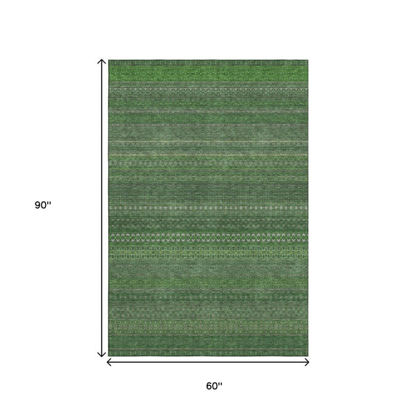 HomeRoots 5' X 8' Fern Green & Ivory Striped Area Rug - Washable, UV-Protected, Stain-Resistant & Stylish! 647502