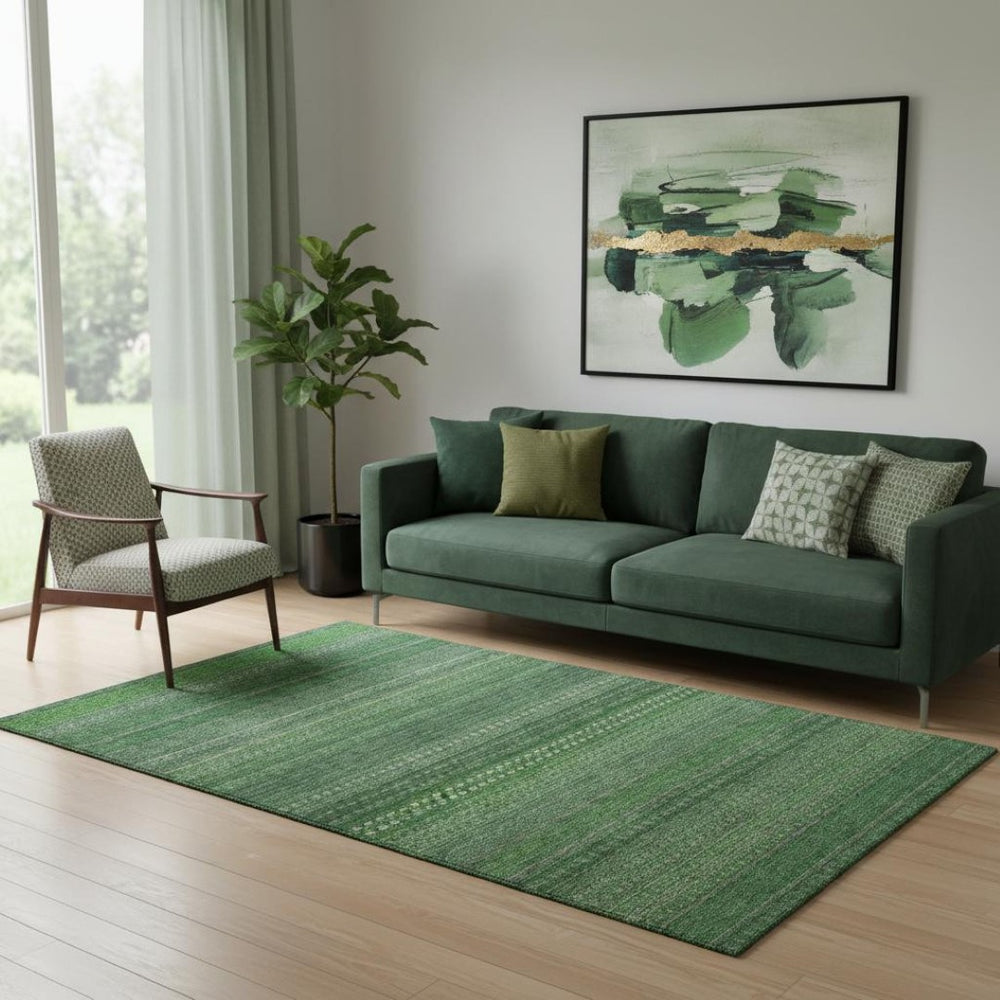 HomeRoots 5' X 8' Fern Green & Ivory Striped Area Rug - Washable, UV-Protected, Stain-Resistant & Stylish! 647502