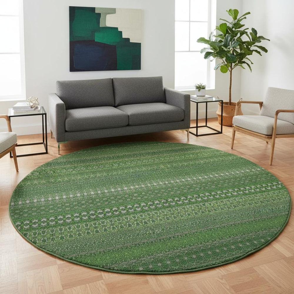 HomeRoots 8' Striped Fern Green & Ivory Washable Round Rug – UV Protected, Durable & Stylish for Any Space 647503