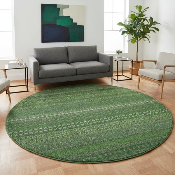HomeRoots 8' Striped Fern Green & Ivory Washable Round Rug – UV Protected, Durable & Stylish for Any Space 647503