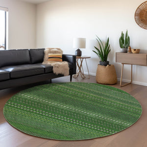 HomeRoots 8' Striped Fern Green & Ivory Washable Round Rug – UV Protected, Durable & Stylish for Any Space 647503