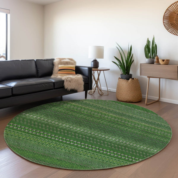 HomeRoots 8' Striped Fern Green & Ivory Washable Round Rug – UV Protected, Durable & Stylish for Any Space 647503