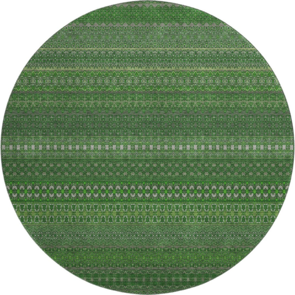 HomeRoots 8' Striped Fern Green & Ivory Washable Round Rug – UV Protected, Durable & Stylish for Any Space 647503