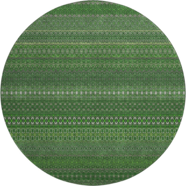 HomeRoots 8' Striped Fern Green & Ivory Washable Round Rug – UV Protected, Durable & Stylish for Any Space 647503