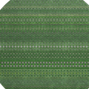 HomeRoots 8' Striped Fern Green & Ivory Washable Round Rug – UV Protected, Durable & Stylish for Any Space 647503