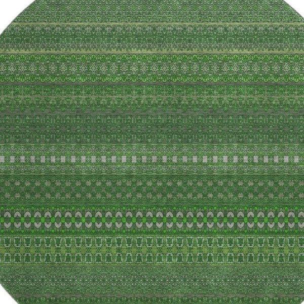 HomeRoots 8' Striped Fern Green & Ivory Washable Round Rug – UV Protected, Durable & Stylish for Any Space 647503