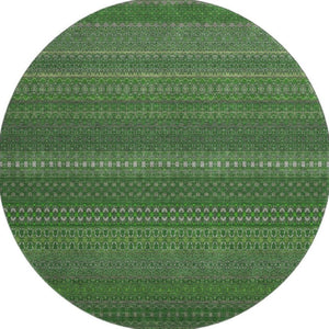 HomeRoots 8' Striped Fern Green & Ivory Washable Round Rug – UV Protected, Durable & Stylish for Any Space 647503