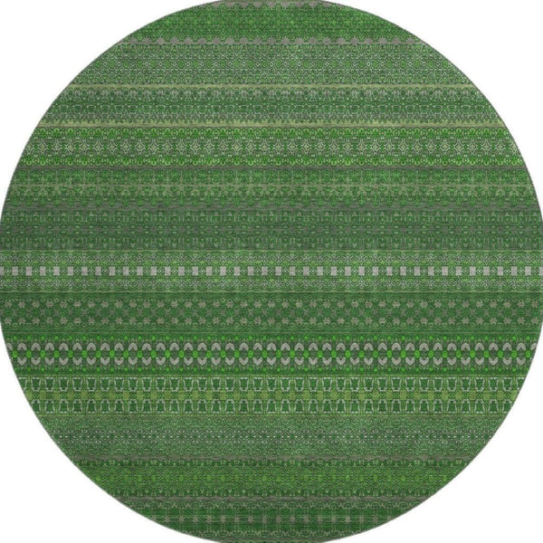 HomeRoots 8' Striped Fern Green & Ivory Washable Round Rug – UV Protected, Durable & Stylish for Any Space 647503