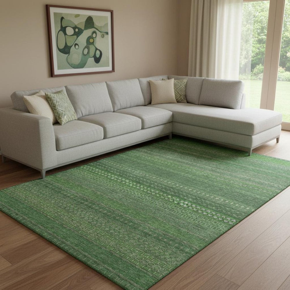 HomeRoots 9' Stylish Fern Green & Ivory Striped Washable Area Rug with UV Protection for Modern Homes 647505