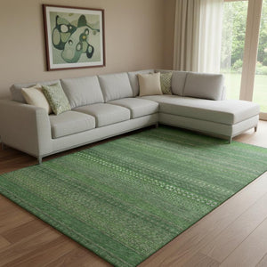 HomeRoots 9' Stylish Fern Green & Ivory Striped Washable Area Rug with UV Protection for Modern Homes 647505