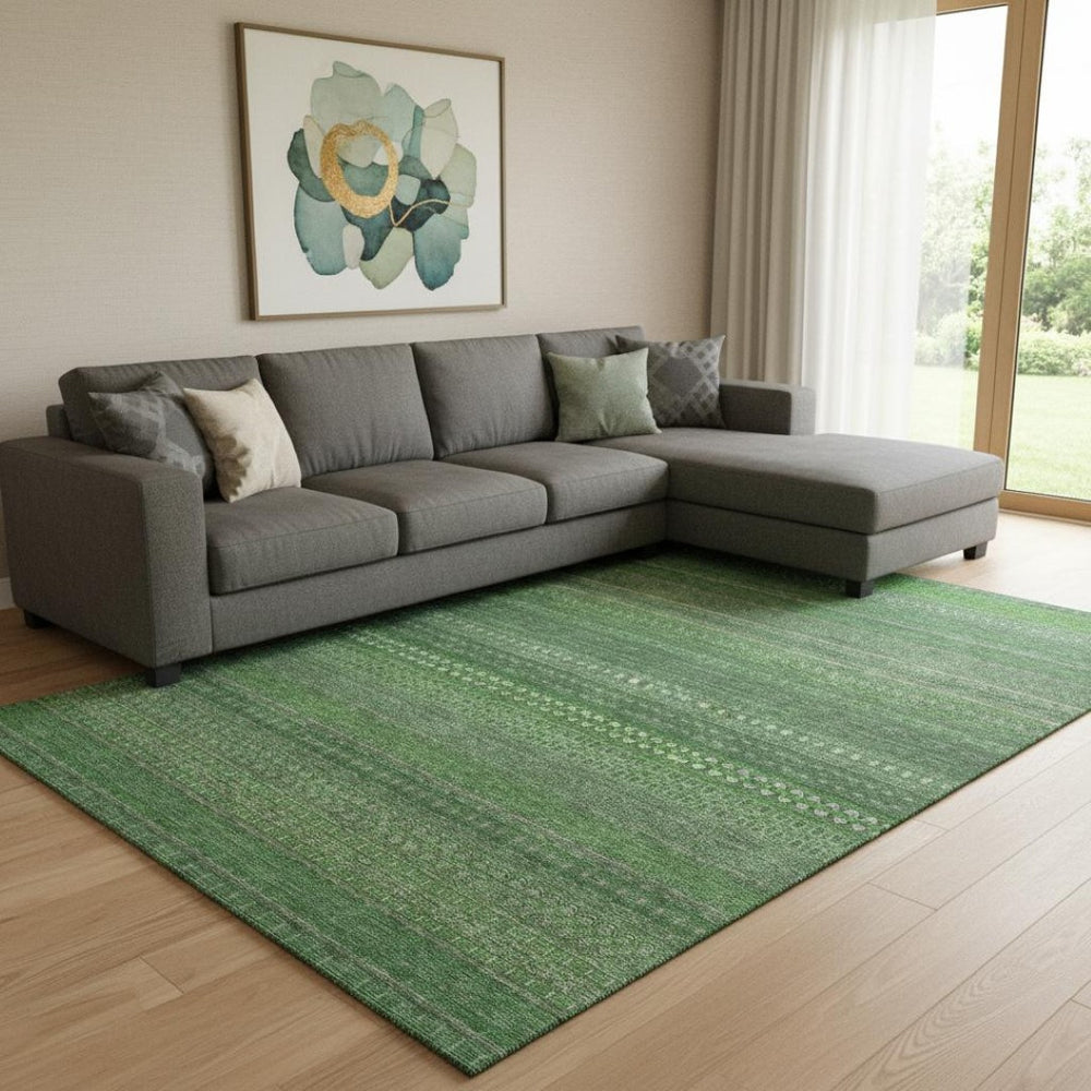 HomeRoots 10' Durable Fern Green & Ivory Striped Washable Area Rug - UV Protected, Stain-Resistant Design 647506