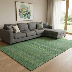 HomeRoots 10' Durable Fern Green & Ivory Striped Washable Area Rug - UV Protected, Stain-Resistant Design 647506