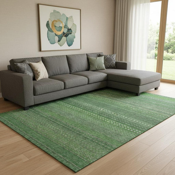HomeRoots 10' Durable Fern Green & Ivory Striped Washable Area Rug - UV Protected, Stain-Resistant Design 647506