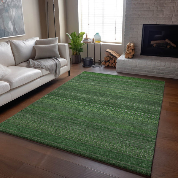 HomeRoots 10' Durable Fern Green & Ivory Striped Washable Area Rug - UV Protected, Stain-Resistant Design 647506