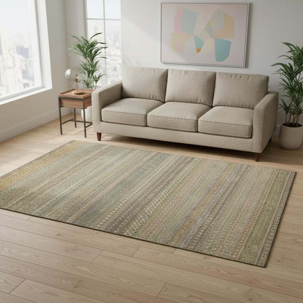 HomeRoots 5' X 8' Washable Khaki and Ivory Striped Area Rug with UV Protection for Easy Care and Durability 647514