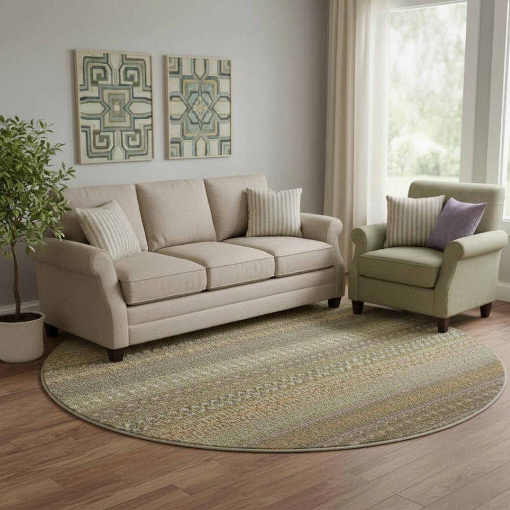 HomeRoots 8' Stylish Khaki and Ivory Striped Washable Round Rug with UV Protection for High-Traffic Areas 647515